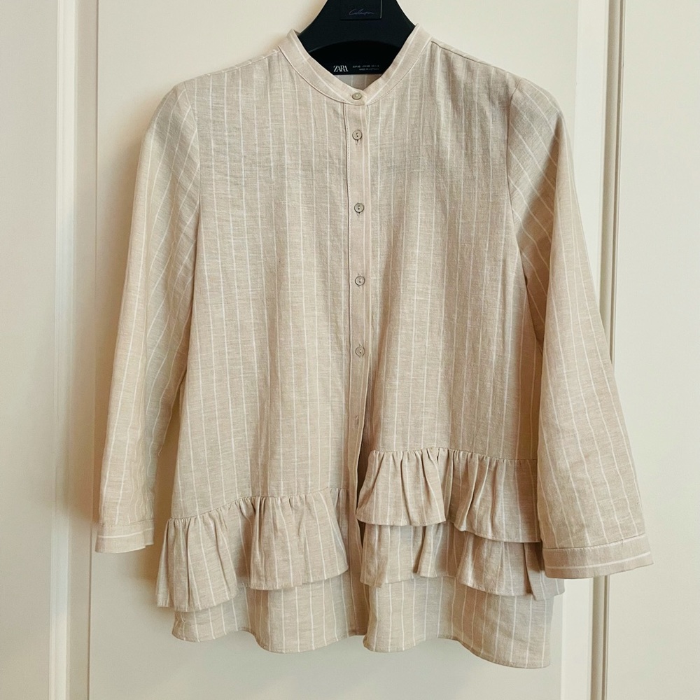 ZARA | Asymmetrical ruffles linen button-up shirt